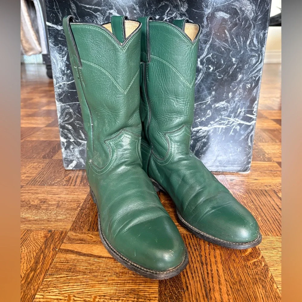 Justin Vintage Cowboy Original Green Roper Western Leather Boots - Made in USA - Picture 3 of 16